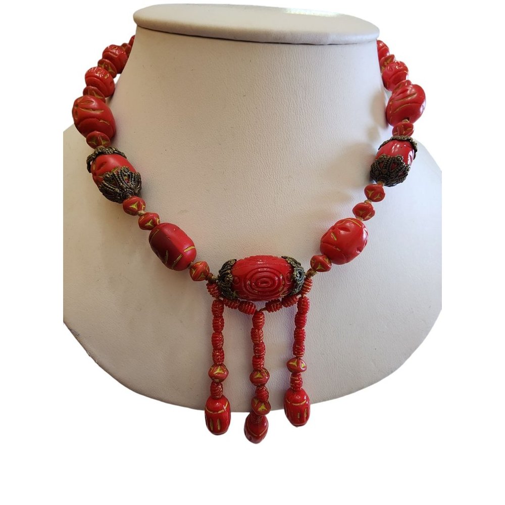 Antique Czech Neiger Style Custard Beaded Fringe Necklace (A2419)